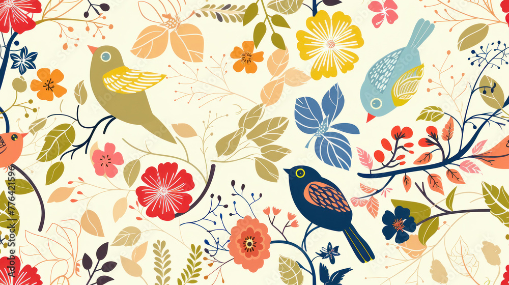 A colorful floral wallpaper pattern featuring birds, flowers, and leaves in a charming vintage design.