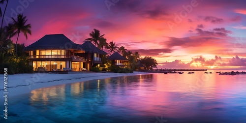 Luxury villa on the beach at sunset. 3d rendering