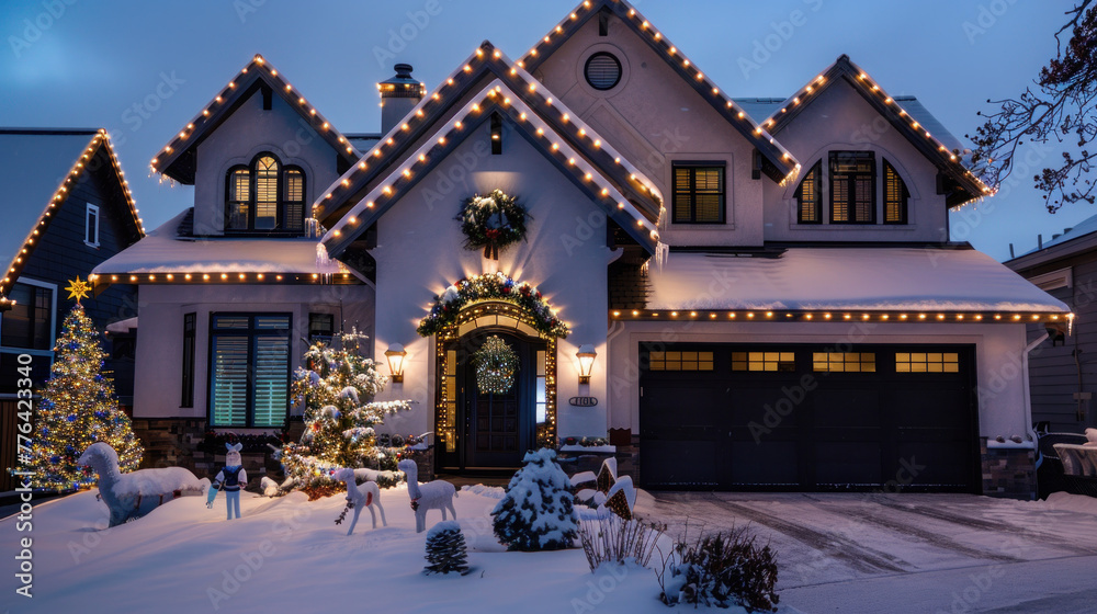 A cozy suburban home adorned with festive Christmas lights under a twilight sky, fresh snow blanketing the ground.