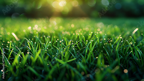 Beautiful blurred background image of spring nature with a neatly trimmed lawn surrounded by trees on a bright sunny day.