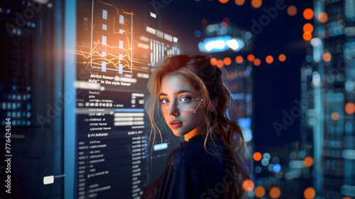 Title: "Tech Interaction"Art Description: A young business woman (man) interacts with digital screens displaying AI-integrated business data.
