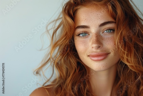 Smiling young woman with wavy auburn hair and a natural look, simple white blouse on photo