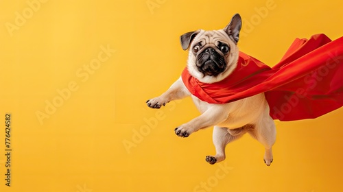 Superhero dog, jumping like flying, wearing a red cape on a yellow background with copy space