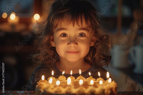 Joyous child holding a birthday cake  big brown eyes reflecting the candlelight  in a festive environment