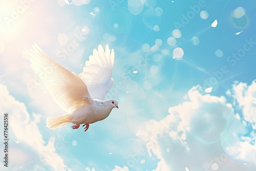 Funeral background with white doves flying in the blue sky, copy space for text photo