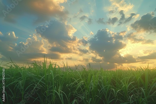 Cloudy sky over sugarcane fields in the evening at sunset