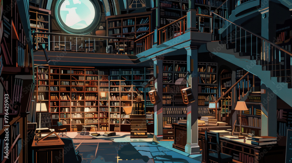 A mysterious and atmospheric library under moonlight, with towering bookshelves and a spiraling staircase inviting a literary adventure.