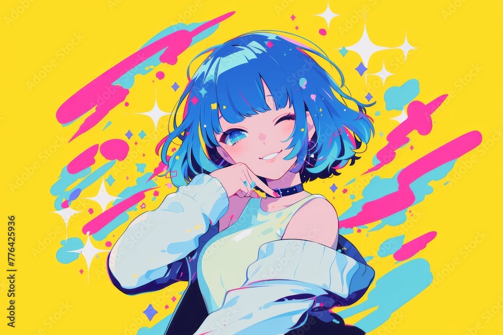 Cheerful Girl with Vibrant Blue Hair and a Cute, Casual Outfit in a Clean, Urban Japanese Style Background Generative Ai
