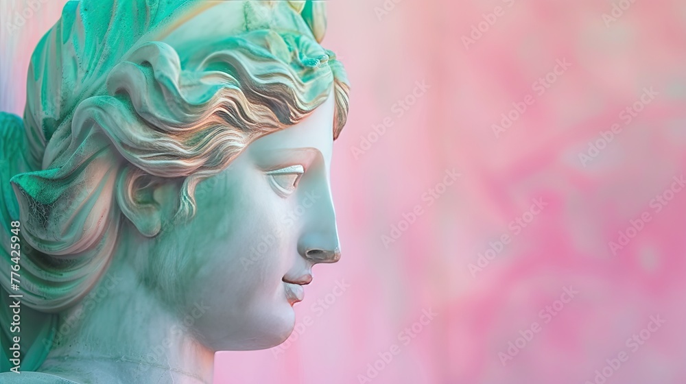 Close up of greek god statue, abstract art beauty, with pastel gradient pink and green background colors with copy space, suitable for modern decoration