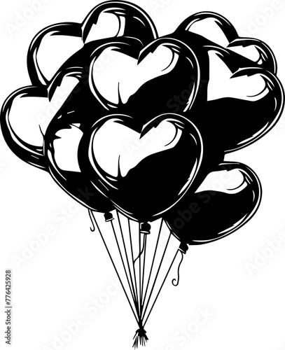 Heart-Shaped Balloons Bunch - Black Vector Line Art
