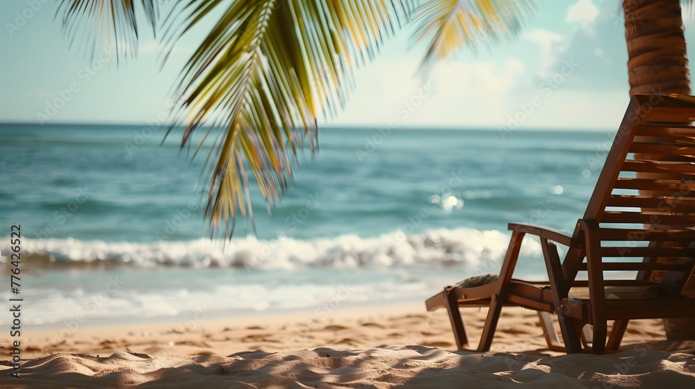 Beach chairs on tropical sand beach with palm tree and blue sea. Generative AI Beach chairs on tropical sand beach with palm tree and blue sea. Generative AI