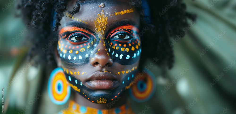portrait of beautiful afro with different traditional clothing and accessories, face paint