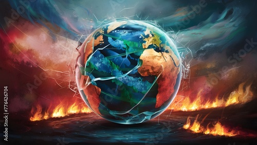 Global warming concept illustration, fragile Earth environment in flames, world's end