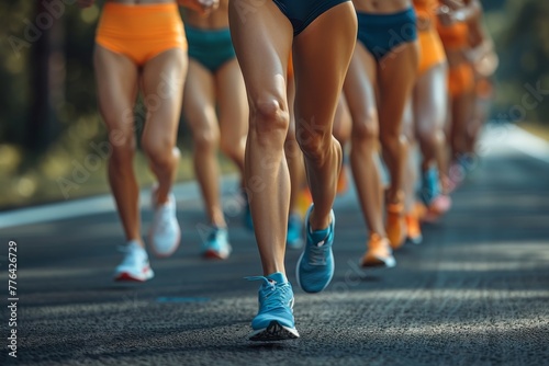A dynamic shot capturing the intensity and movement of female athletes during a road race  highlighting their sports shoes