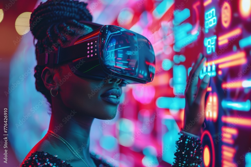 A user's hands tactfully engage with a vibrant virtual reality environment, with glowing neon lights and graphics A user's hands tactfully engage with a vibrant virtual reality environment, with glowing neon lights and graphics