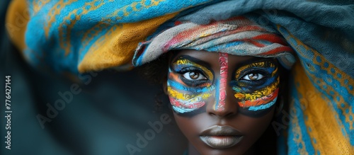  beautiful african woman with african cloth in her hair, face paint, beautiful skin tone