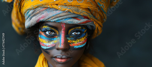  beautiful african woman with african cloth in her hair, face paint, beautiful skin tone