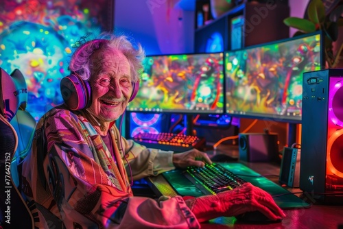 Elderly male gamer with headphones at a colorful PC gaming station, smiling joyfully. Senior Man Enjoying Computer Gaming Setup photo