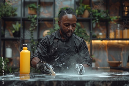 A chef is actively working  sprinkling flour over a professional kitchen counter