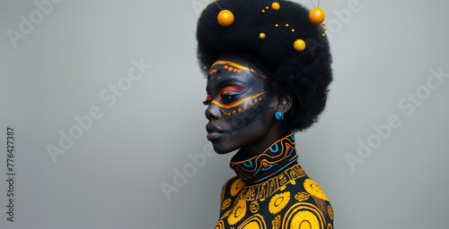 portrait of afro woman with different clothing and accessories, face paint photo