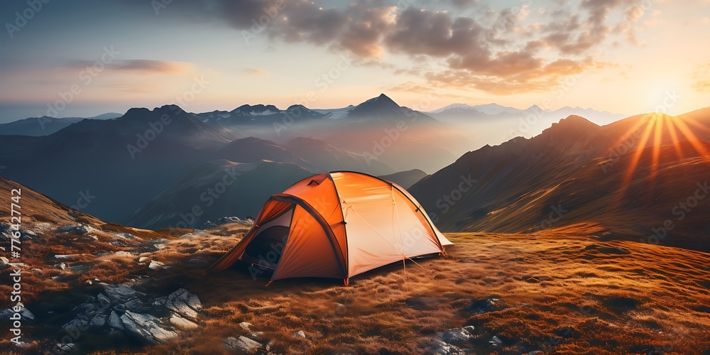 Tent on the top of a mountain at sunset. 3d rendering