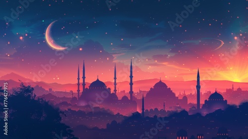 Digital art illustrating iconic Middle Eastern skyline with mosques and minarets under a crescent moon, showcasing the gradient transition from twilight to sunrise
