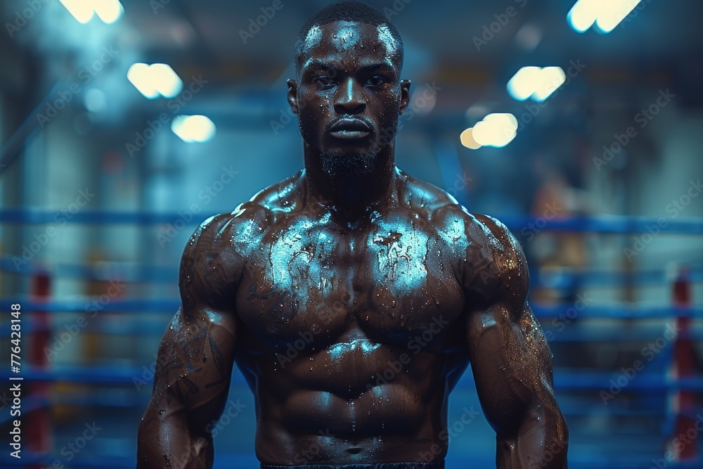 A muscular male boxer stands ready to fight, exuding strength and determination in the ring