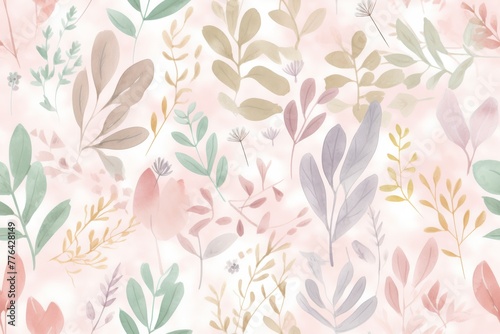 Seamless pattern of soft pastel watercolor botanical pattern, perfect for serene wallpaper designs, elegant textile prints, or gentle graphic backgrounds.