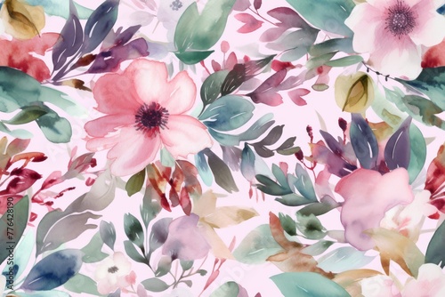 Watercolor floral explosion with a harmonious blend of pink blossoms and subtle foliage, creating a romantic and soothing pattern for interior decor. Seamless pattern