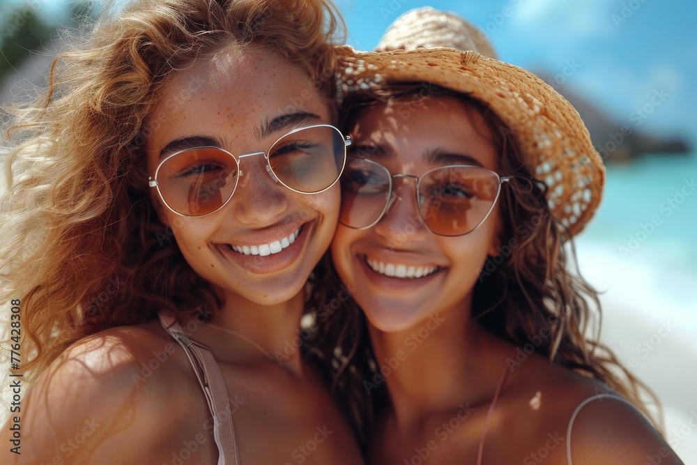 Two joyful young women in sunglasses and summer hats smiling at the beach Two joyful young women in sunglasses and summer hats smiling at the beach