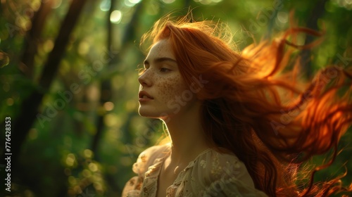 A dreamy redhead in an enchanted wood, her hair ablaze with the sun's touch, ideal for mystical narratives and digital art.