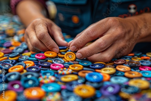 Close-up of hands sorting through a collection of colorful buttons spread out on a wooden surface
