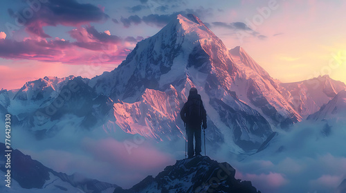 silhouette of a lone hiker against a towering mountain backdrop