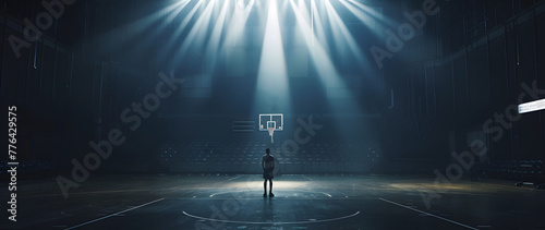 A basketball player in an empty basketball court is illuminated by spotlights, creating dramatic lighting effects. An empty basketball arena or stadium with spotlights, polished wood, and fan seats.
