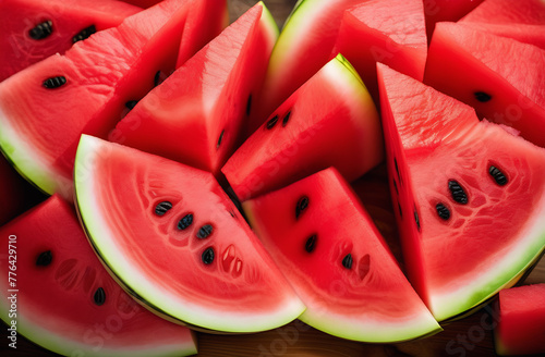 Slices of watermelon on wooden background. Top view.