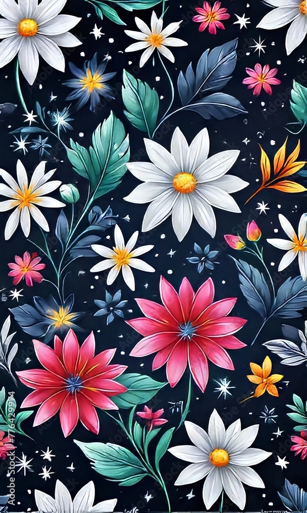 Bright colors of flowers pop out against black background, enhancing their beauty, making them focal point of image. For interior design, decoration, advertising, web design, as illustration for book. Bright colors of flowers pop out against black background, enhancing their beauty, making them focal point of image. For interior design, decoration, advertising, web design, as illustration for book.