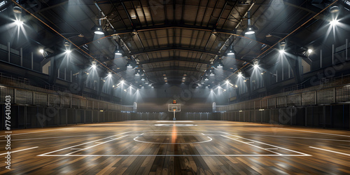 An empty basketball court is illuminated by spotlights, creating dramatic lighting effects. The scene depicts an empty basketball arena or stadium with spotlights, polished wood, and fan seats.