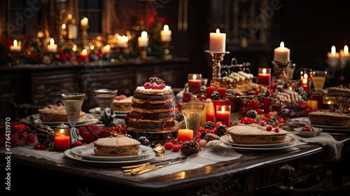 christmas dinner table full of dishes with food UHD Wallpaper