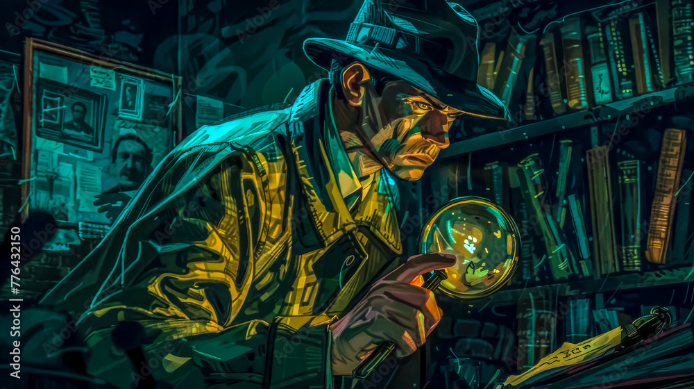 Detective in library with magnifying glass