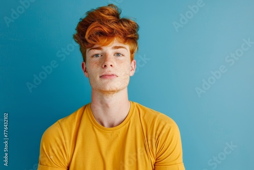 Redhead young male in yellow t shirt smirking and looking at camera against blue background photo