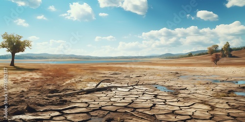 Landscape with dry lake and cracked ground. Climate change concept. photo