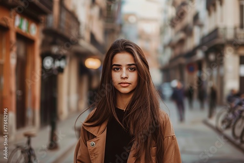 Serious hispanic female with long hair in stylish outfit looking at camera while standing on street with buildings in city