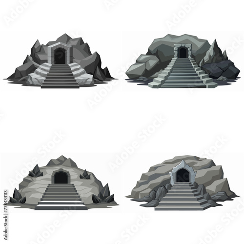 Dungeon entrance stairway set. Cave stone staircase. Gray rock cavern. Ancient dungeon, grotto Mountain tunnel entrance stairs Entry to cave underground Game location symbol. Vector object collection.