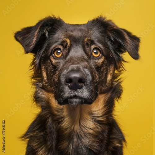 Studio headshot portrait of mixed breed brown and black dog looking forward against a yellow background. Generative AI