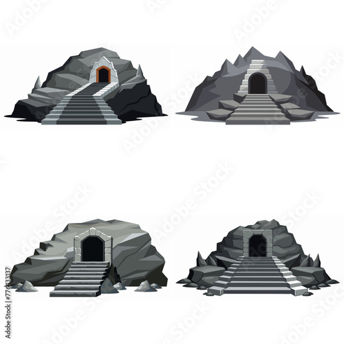Dungeon entrance stairway set. Cave stone staircase. Gray rock cavern. Ancient dungeon, grotto Mountain tunnel entrance stairs Entry to cave underground Game location symbol. Vector object collection.