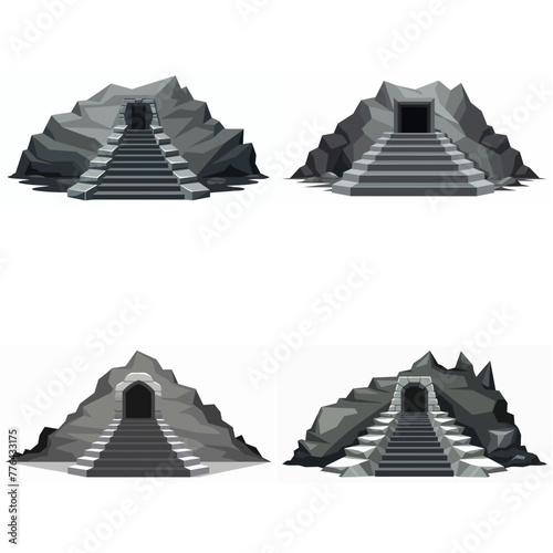 Dungeon entrance stairway set. Cave stone staircase. Gray rock cavern. Ancient dungeon, grotto Mountain tunnel entrance stairs Entry to cave underground Game location symbol. Vector object collection.