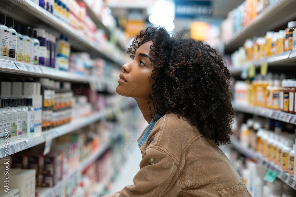 Side view of african american female customer with curly hair crouching at aisle and searching products from assorted shelves in drugstore