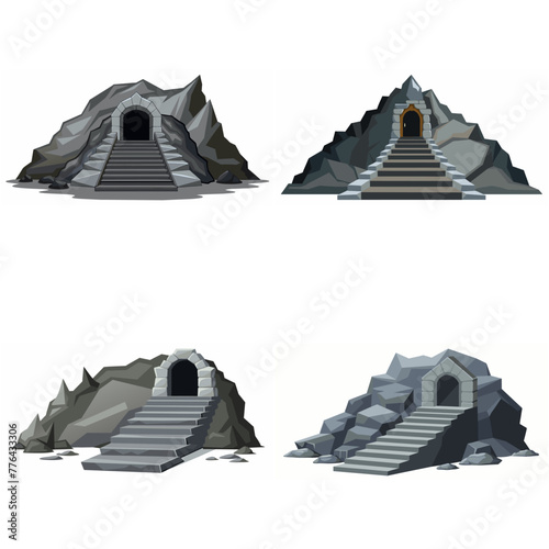 Dungeon entrance stairway set. Cave stone staircase. Gray rock cavern. Ancient dungeon, grotto Mountain tunnel entrance stairs Entry to cave underground Game location symbol. Vector object collection.