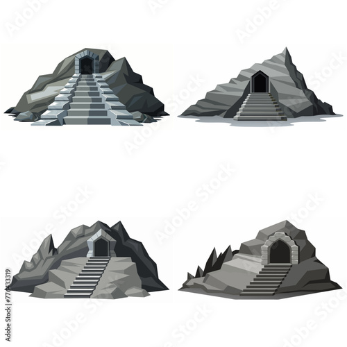 Dungeon entrance stairway set. Cave stone staircase. Gray rock cavern. Ancient dungeon, grotto Mountain tunnel entrance stairs Entry to cave underground Game location symbol. Vector object collection.