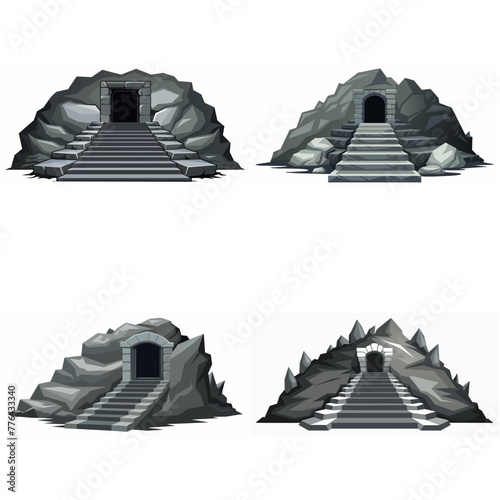 Dungeon entrance stairway set. Cave stone staircase. Gray rock cavern. Ancient dungeon, grotto Mountain tunnel entrance stairs Entry to cave underground Game location symbol. Vector object collection.